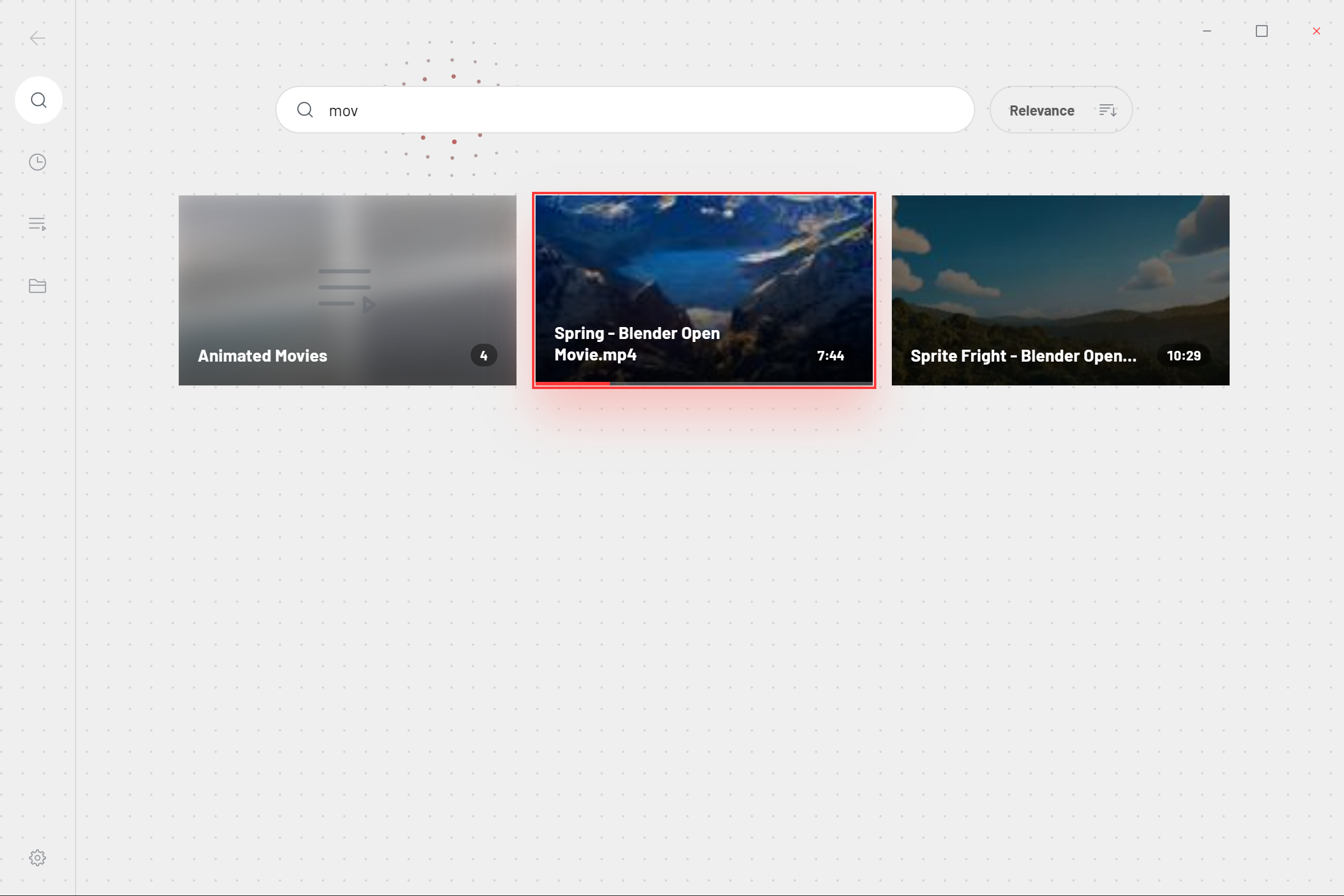 Mono for Desktop showing search results for local videos