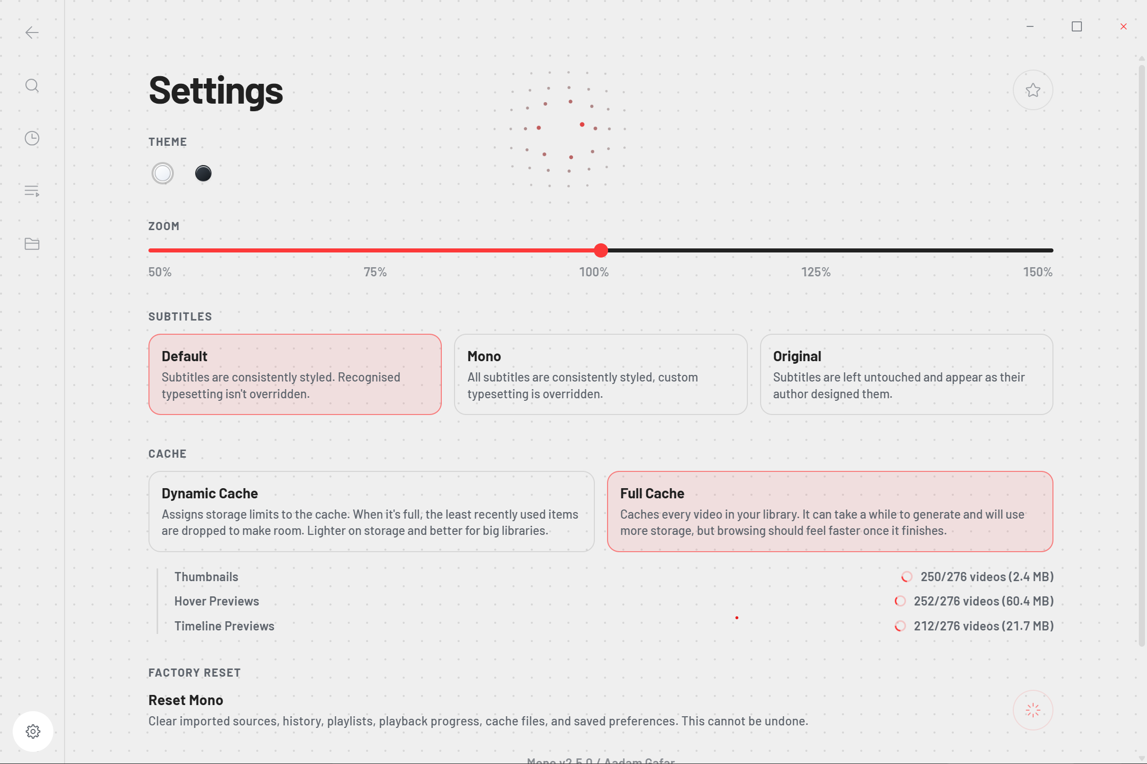 Mono for Desktop settings screen with theme, zoom, and cache options