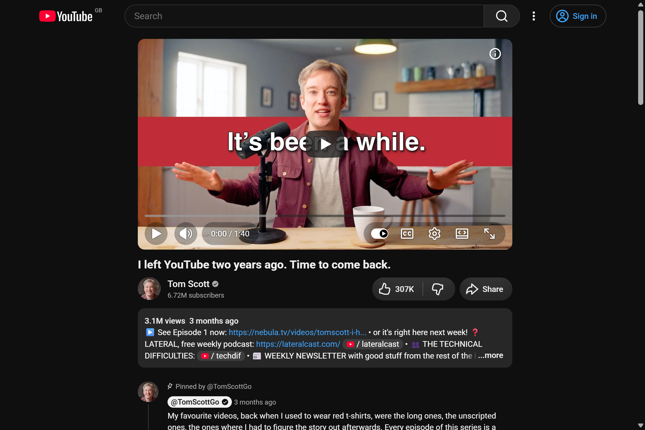 A YouTube watch page with recommendations removed, just the player
