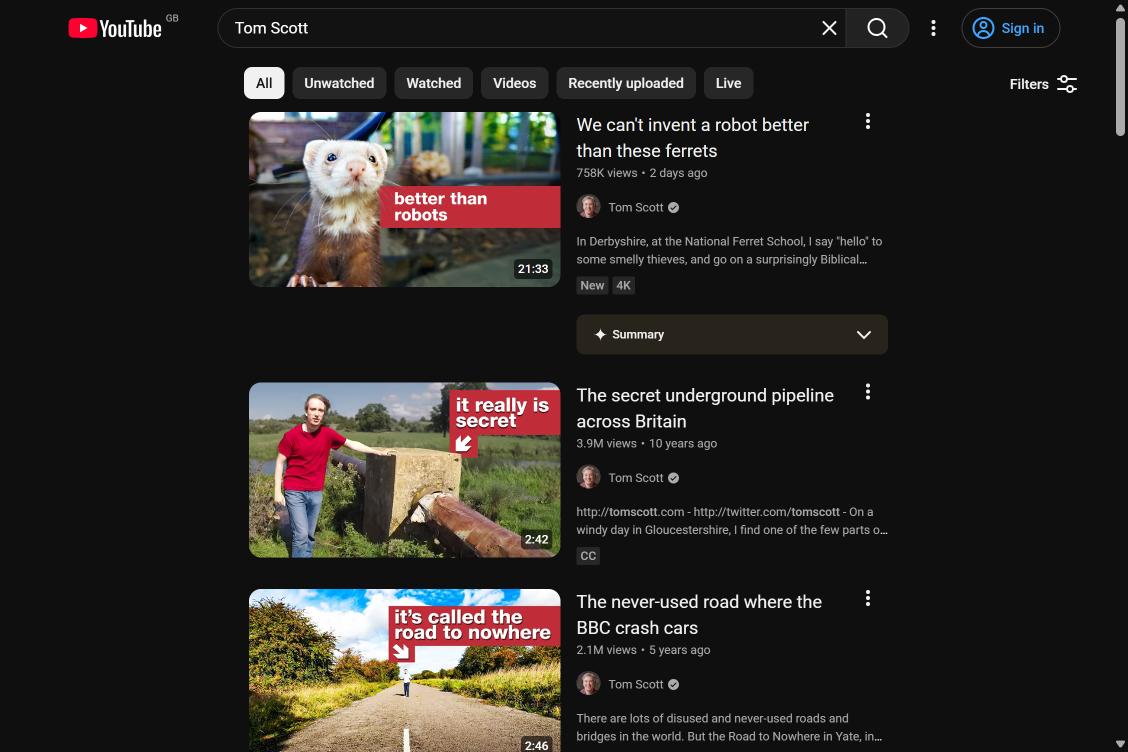 A decluttered YouTube search results page